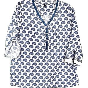 Weekend Elegant Blue and White Patterned Blouse